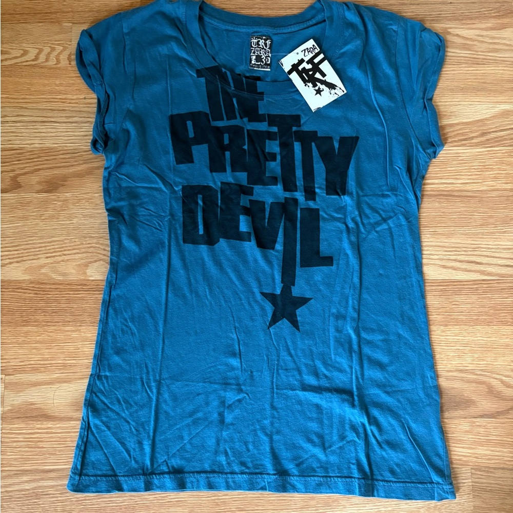 TRF Zara Teal Tee with Black Graphic Brand New W Tag Sz L/M
